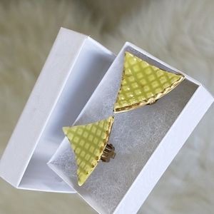 Vintage green gold colored textured triangle wave clip clip-on ceramic Earrings